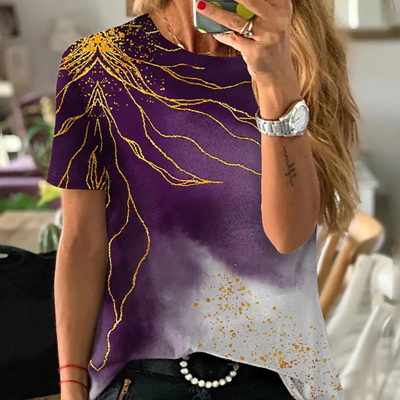 Dame Sommer T-skjorte Trendtrykk Retro Mote Kortermet Tees Casual Trykte Topper