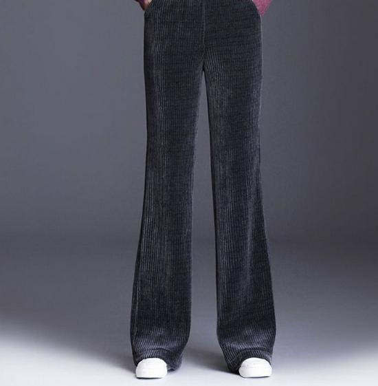 Dámské manšestrové kalhoty s vysokým pasem a širokými nohavicemi s fleecem - Pohodlné, volný střih pro podzim a zimu.