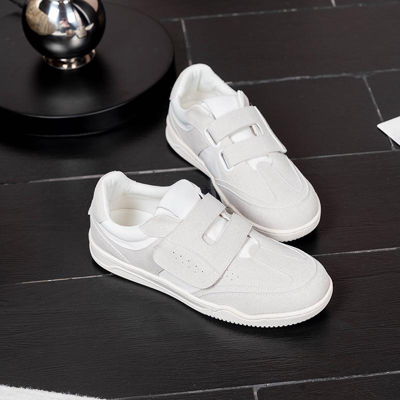 Cowhide sneakers round head Velcro casual board shoes niche flat white shoes retro women's shoes