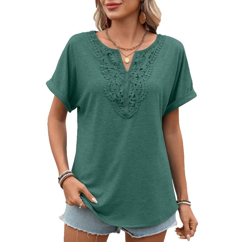 Spring and Summer New Style Solid-color V-neck Lace Loose Short-Sleeved T-shirt for Women