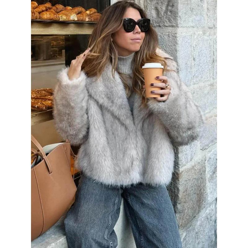 HH Women Fashion Cropped Faux Fur Jacket Coat Long Sleeve Front Snap-button Female Outerwear Chic Lapel Collar Thick Coat