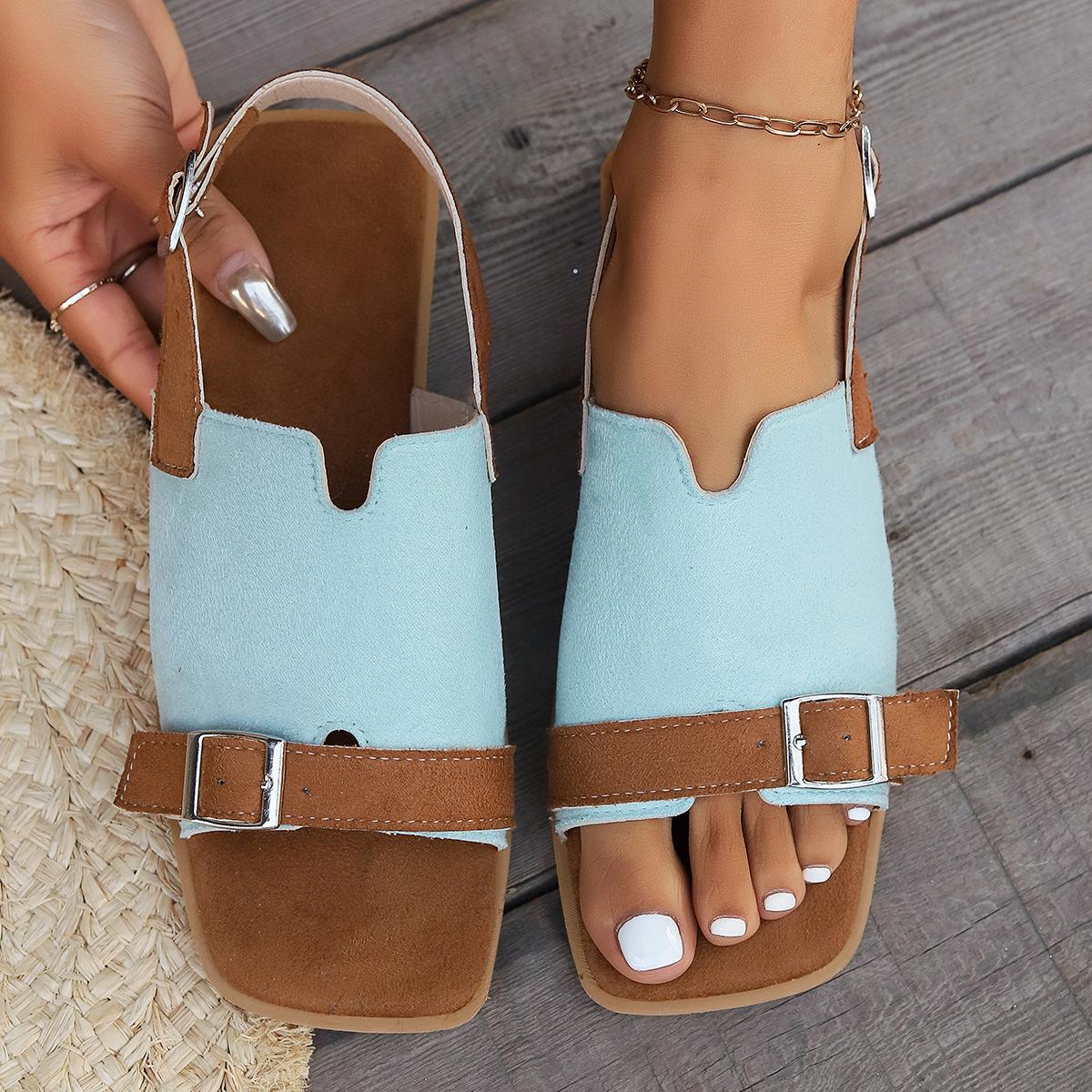 

Summer Flat Bottom Sandals Women s New Style Square Head Belt Buckle Slippers Fashion Versatile Casual Comfortable Roman Shoes 43 небо синє кольору