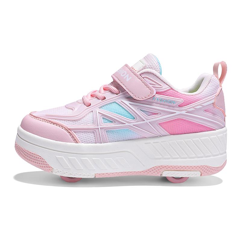 

Boy s Rotating Button Four Wheel Skate Roller Shoes Roller Skating Removable Student Skating Shoes Kids Shoes with Wheels Girl Skate Shoes 29 розовый