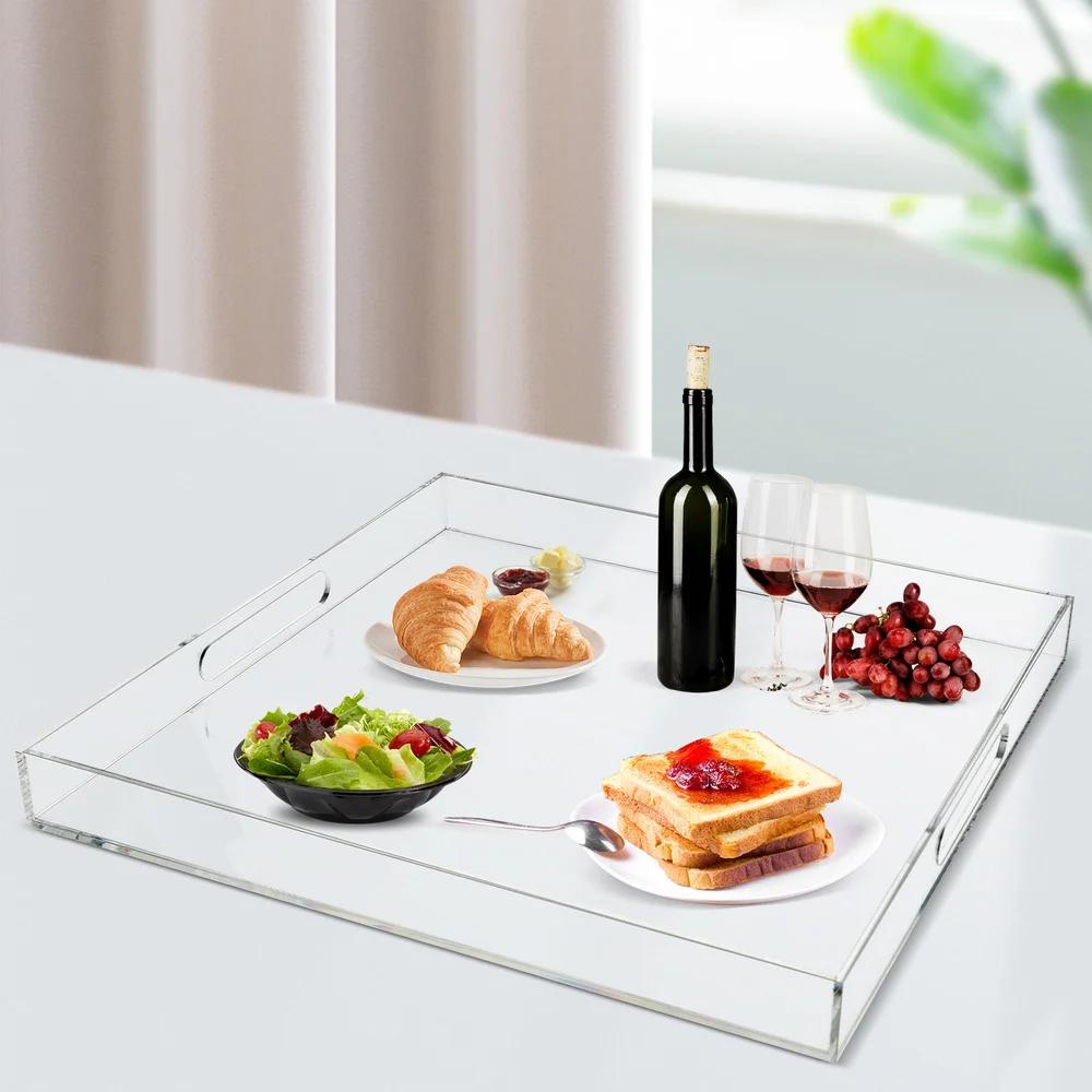 Bymaocar Transparenter Acryl Quadratischer Wasserdichter Serviertablett Geringe Stellfläche Mit Griffen für Speisen, Vorspeisen, Kaffee, Getränke
