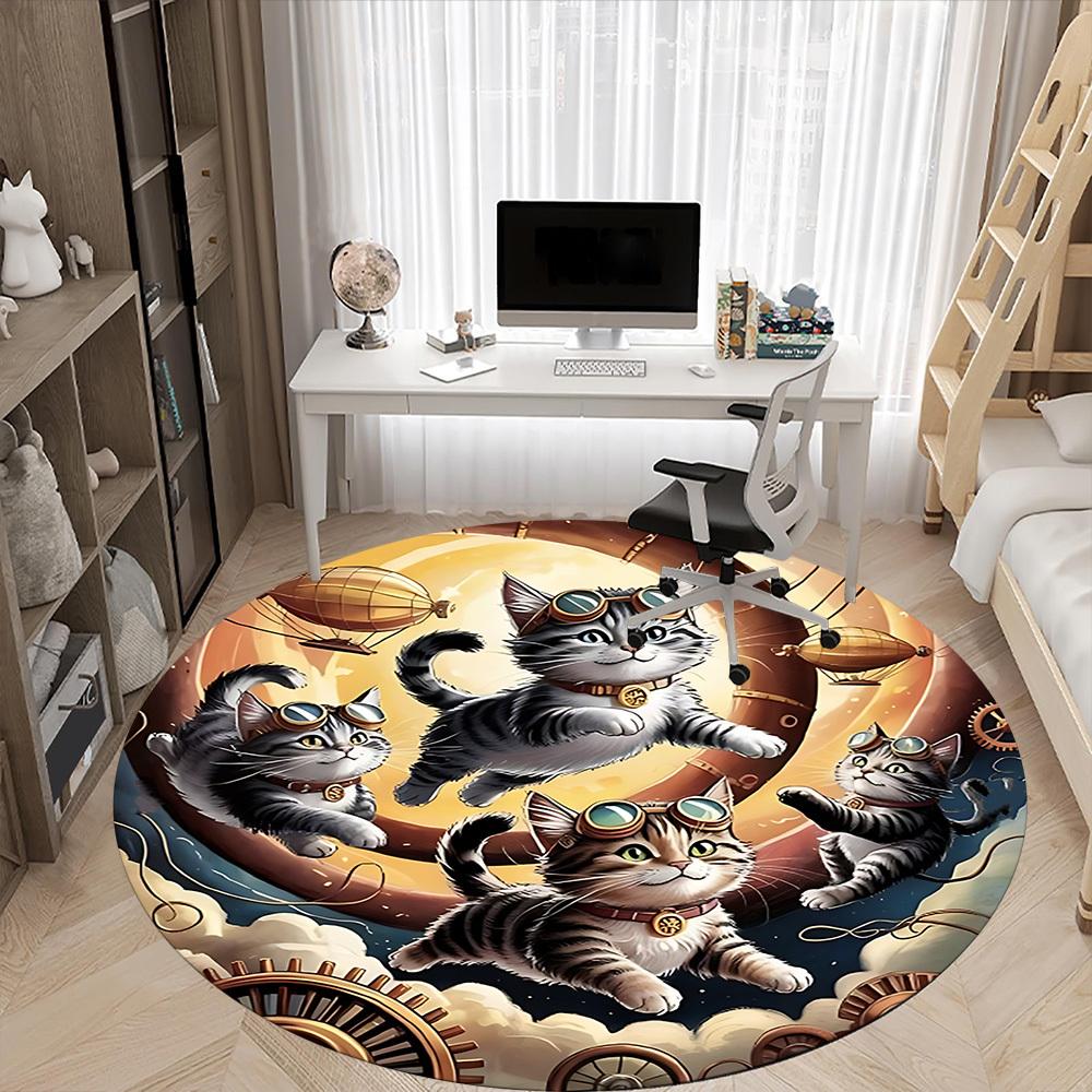 1pc Steampunk Cats Office Round Rug, Non-slip, Soft and Durable Office Rug for Interior Decoration, Perfect for Office, Beautiful Decoration Yy2603230