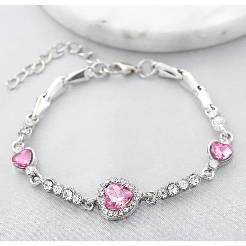 4 Colors Lucky Bracelet For Female Girls Blue Pink Rhinestone Heart Charm Bracelet Ladies Bridal Wedding Senior Jewelry Gifts
