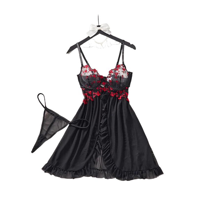 Sheer Rose Embroidery Backless Lingerie Set with Thong & Suspenders