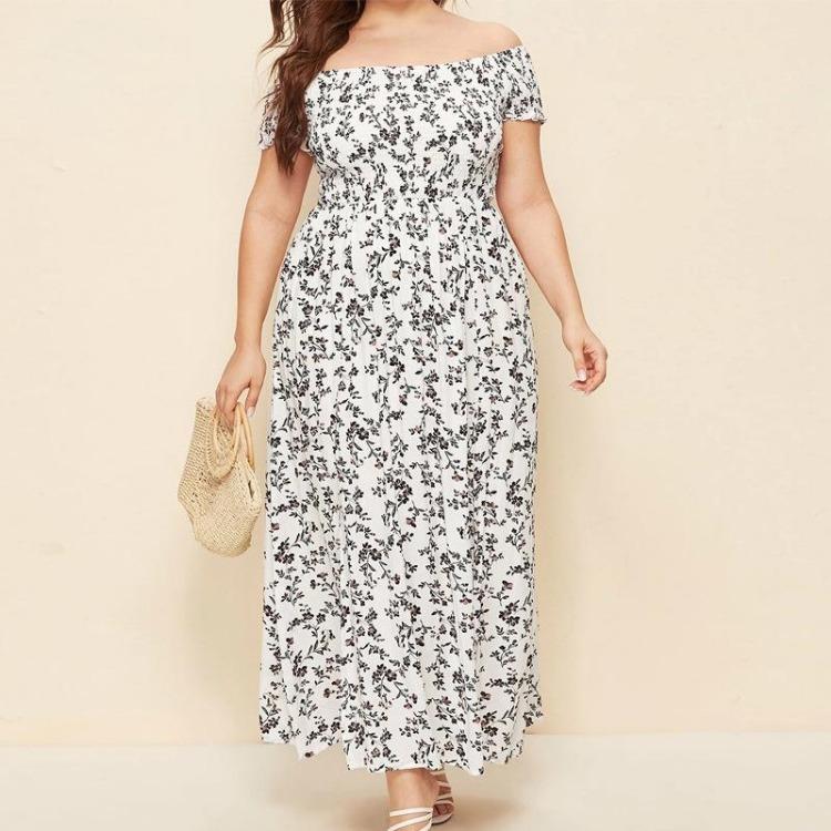 Plus Size Summer Dress Bohemian Casual Strapless Long Floral Printed One Neck Split Dress