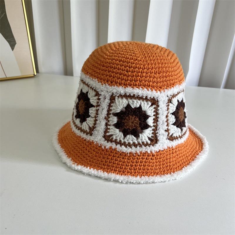 Summer new knitted flower pattern bucket hat sun hat outdoor cover full face fashion versatile sun hat