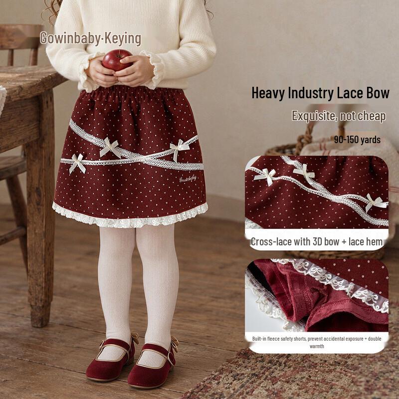 Keying Girls Vintage Sweet Burgundy Strawberry Dot Winter Outfit