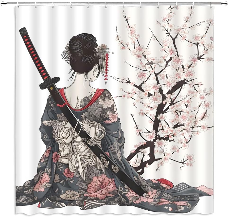 

Очаровательный шарм для шторки для душа с веткой сакуры, женское аниме, традиционная живопись тушью, очаровательное окно для ванной комнаты, полиэстер, крючок W90xH180cm