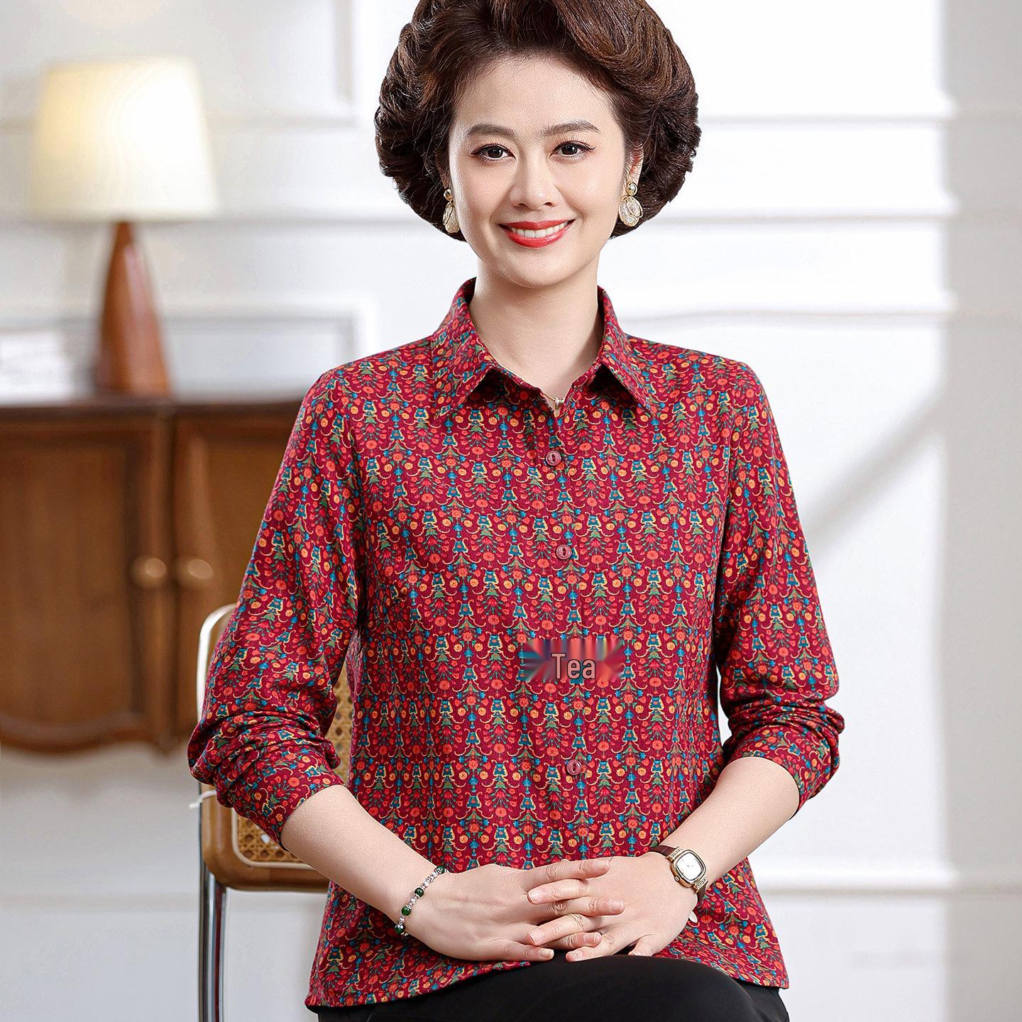 

2026 Floral Print Long-Sleeved Shirt for Middle-Aged Women - Slimming, Loose-Fit Mom Top XL (recommended 100-110 jin) красный