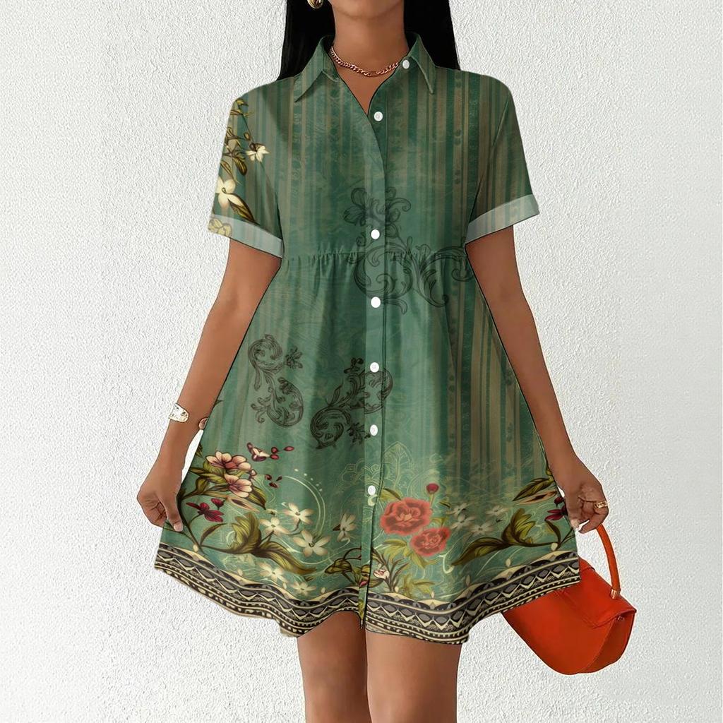 Women’s Casual Loose Fit Shirt Dress Button Down Stand Collar Short Sleeve Relaxed Tunic Dress with Geometric Print