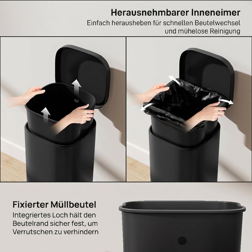 30L Kitchen Bin, Compact Pedal Bin with Soft-Close and Stay-Open Lid, Removable Bucket for Kitchen, Home, Office, Black