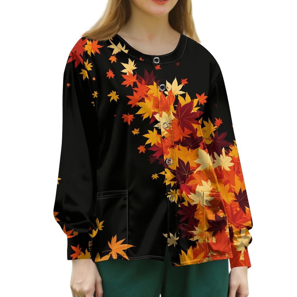 Women's Long Sleeve Single Breasted Leaf Print Cardigan for Work Uniform