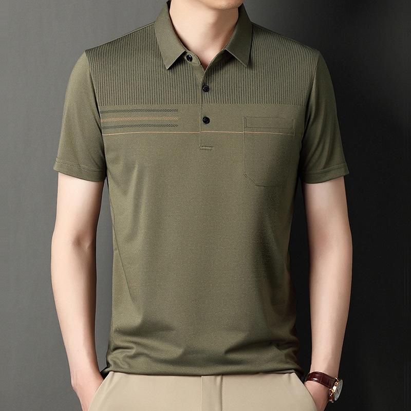 Sommer Herren Revers Kurzarm T-Shirt für junge und mittlere Männer Gestreifte Oberteile Taschenversion Dünne Halbarm Casual Herren Kurzarm