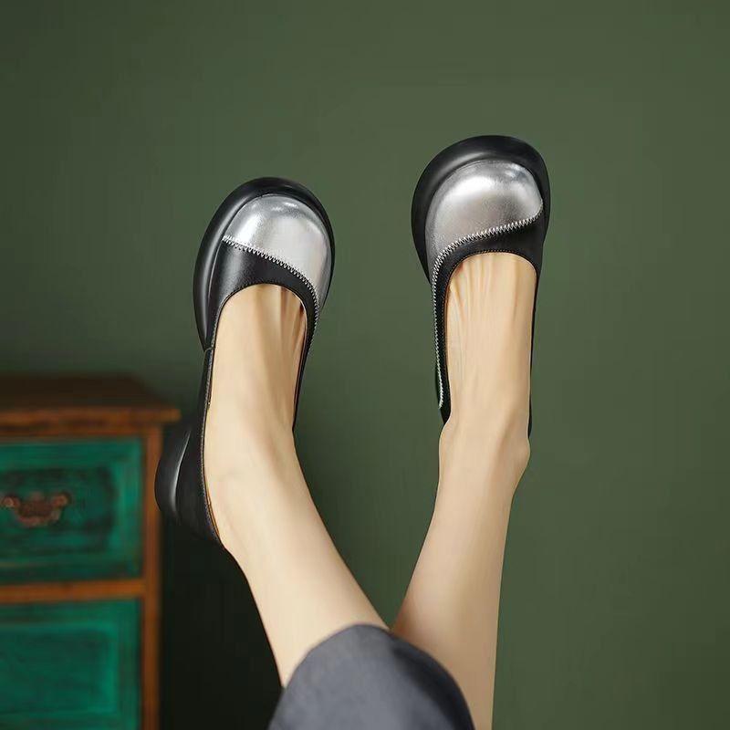 

French retro single shoes women s color matching foreign style thick heel versatile round head knot soft sole small leather shoes light mouth single s 35