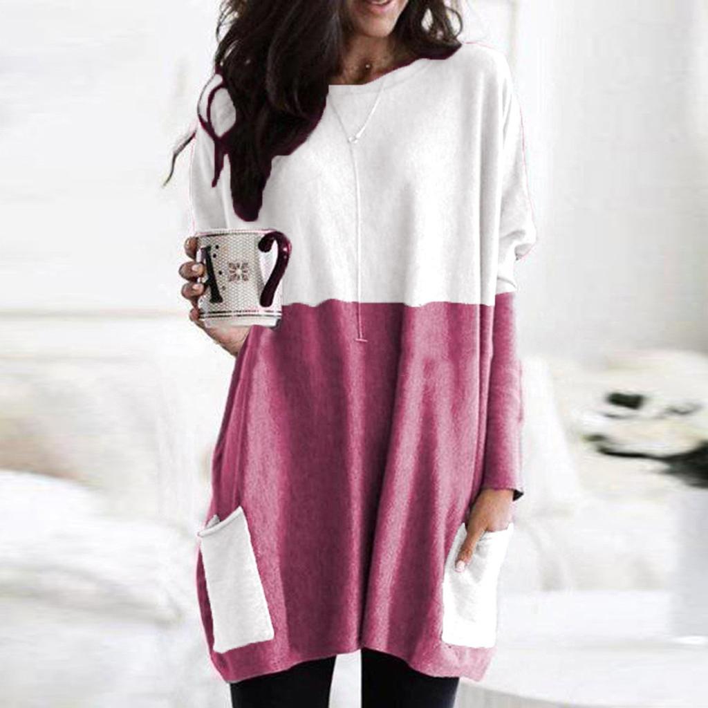 Women Fashion Casual Long Sleeve Patchwork Pockets Loose Tops Blouse