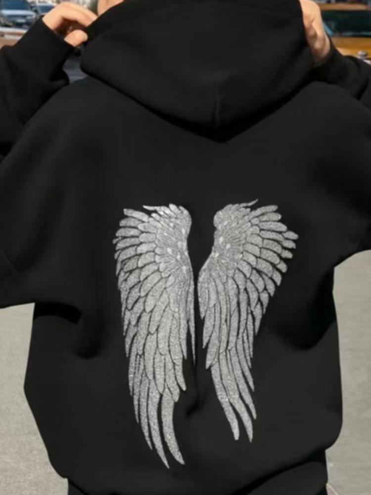 Y2K Retro Wings Sequin Hoodie Angel Wings Ornament Sweatshirt Harajuku Sweet Lady Casual Streetwear Relaxed Fit Pullover Coat
