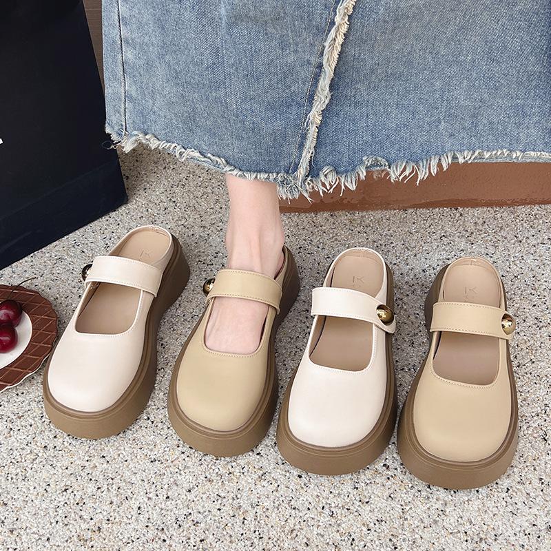 French Small Leather Shoes Women's 2025 Spring New Retro Platform Mary Jane Love Thick Heel Round Head British Style Half Drag