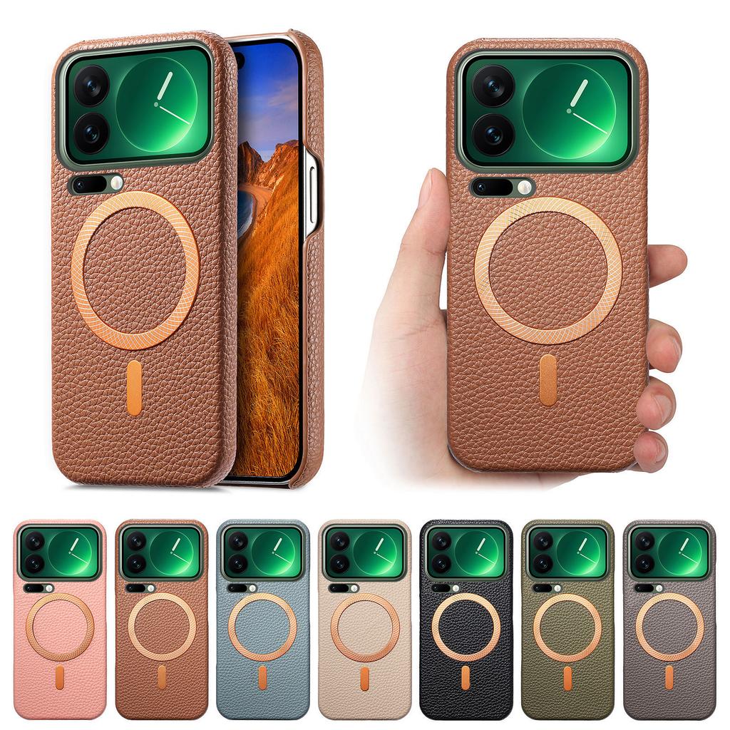 Business Lychee Grain Leather Magnetic Phone Case for Xiaomi 17 Pro 15 Pro Max 15 Ultra Wireless Charging Shockproof Slim Cover