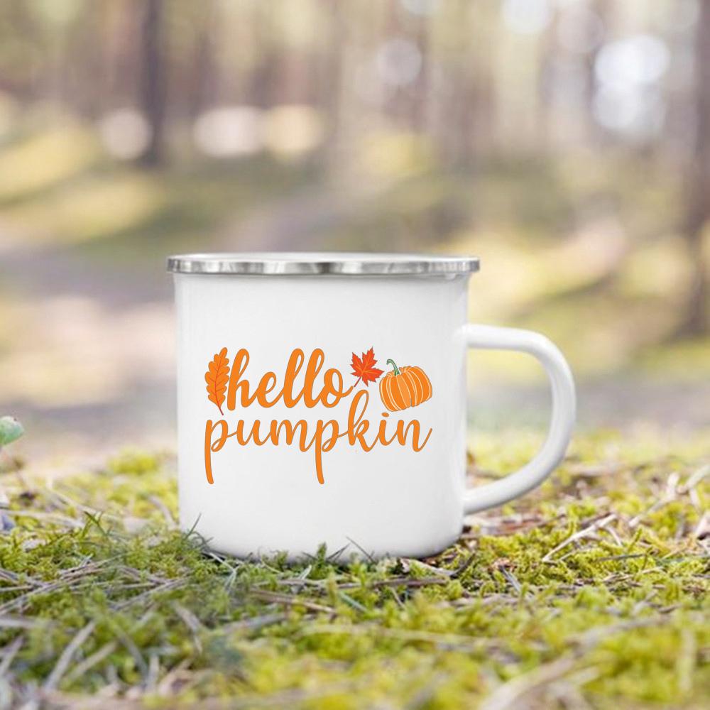 Hello Pumpkin Enamel Mug Halloween Camping Mug Gift For Grandma Mum Nana Autumn Home Decor Hygge Gift Fall Coffee Mug