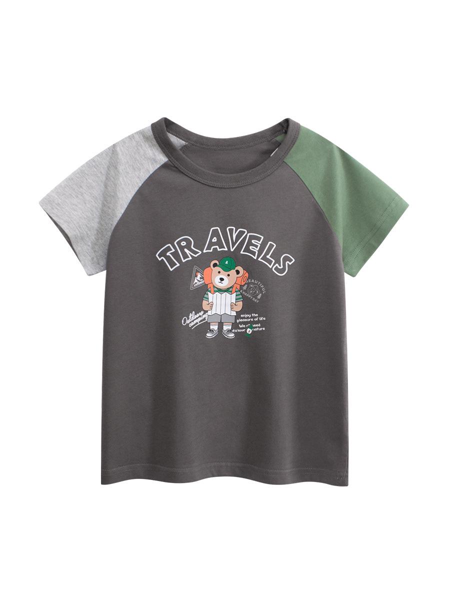 27kids Summer Bear Cartoon Color Block Boys T-shirt 140 cm