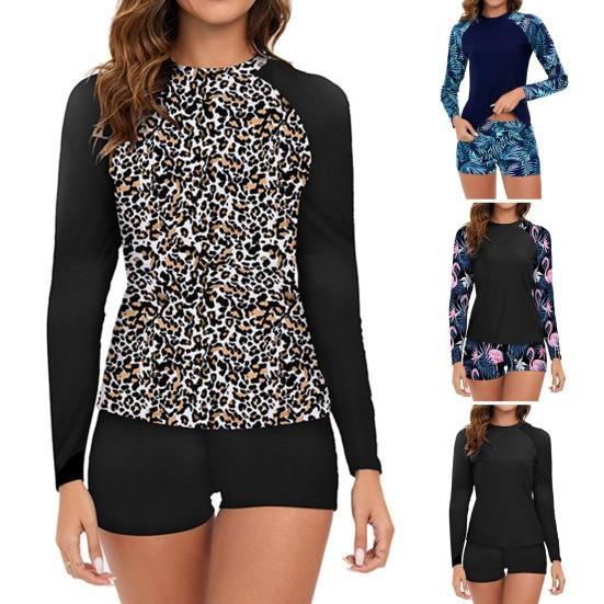 2 יח'\סט נשים בגד ים חוף מכנסיים קצרים סט עגול צוואר פרחוני שמרני סקיני מהיר יבש רך בגד ים ליידי בגדי גלישה