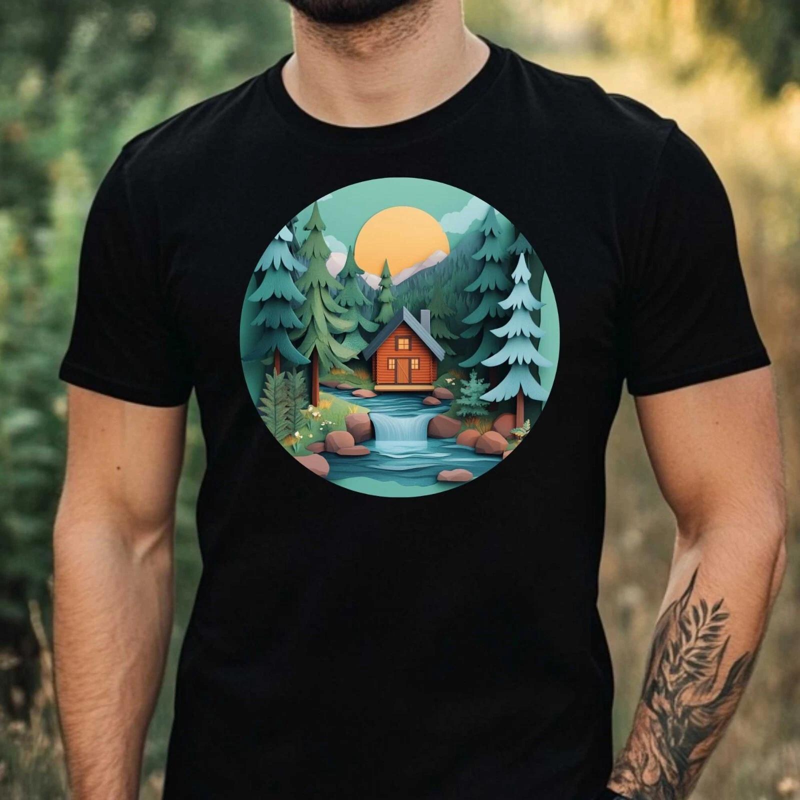 T-Shirt Herren Wald Hütte Motiv Baumwolle Größe XS bis 5XL XXXXL