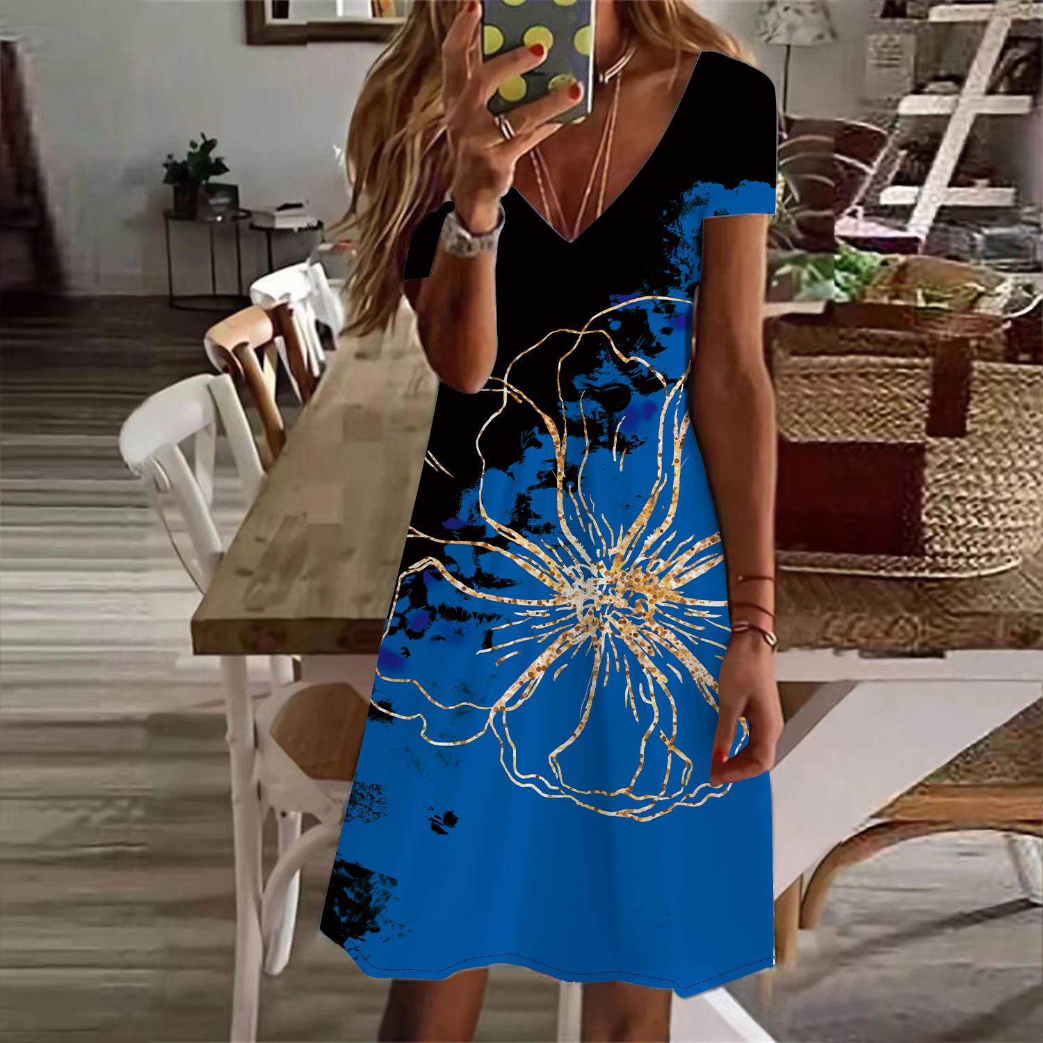 Летняя мода женское платье с V-образным вырезом и коротким рукавом — фото 2