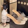 High heels women's summer 2025 new French rhinestone bow crystal heel sandals square head thick heel slippers women
