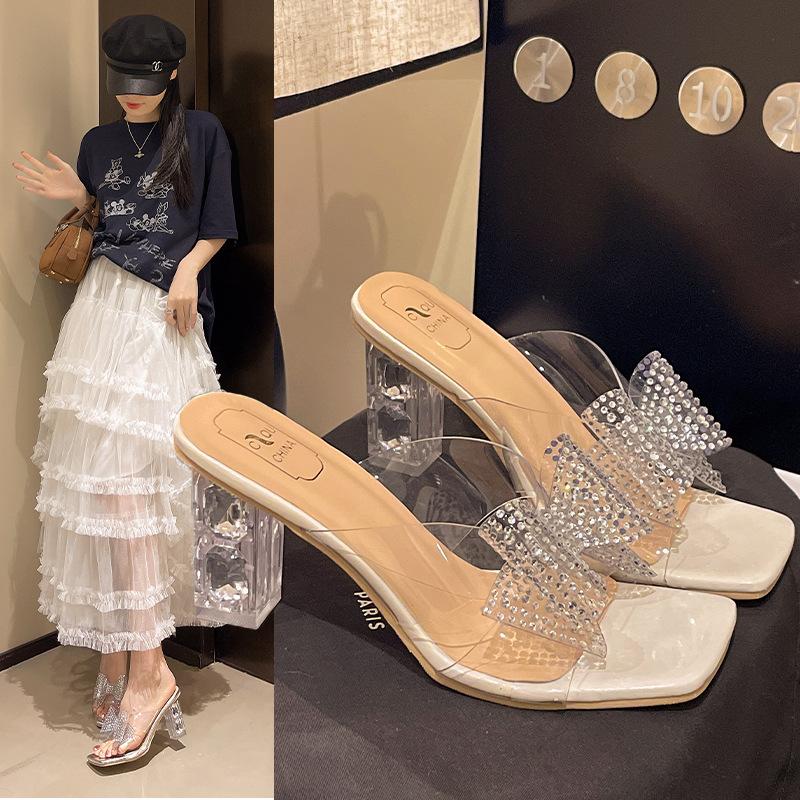 High heels women's summer 2025 new French rhinestone bow crystal heel sandals square head thick heel slippers women