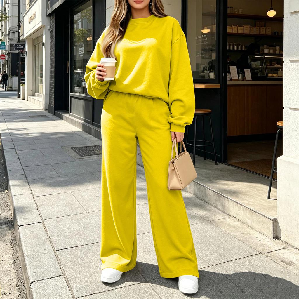 Women's Casual Fashion Long Sleeve High Waist Wide Straight Leg Sweatsuit Set
