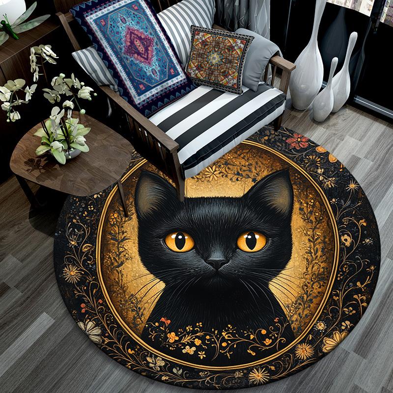 Golden Framed Black Cat Round Area Rug,Carpet Rug for Living Room Bedroom Sofa Playroom Decor,Non-slip Floor Mat