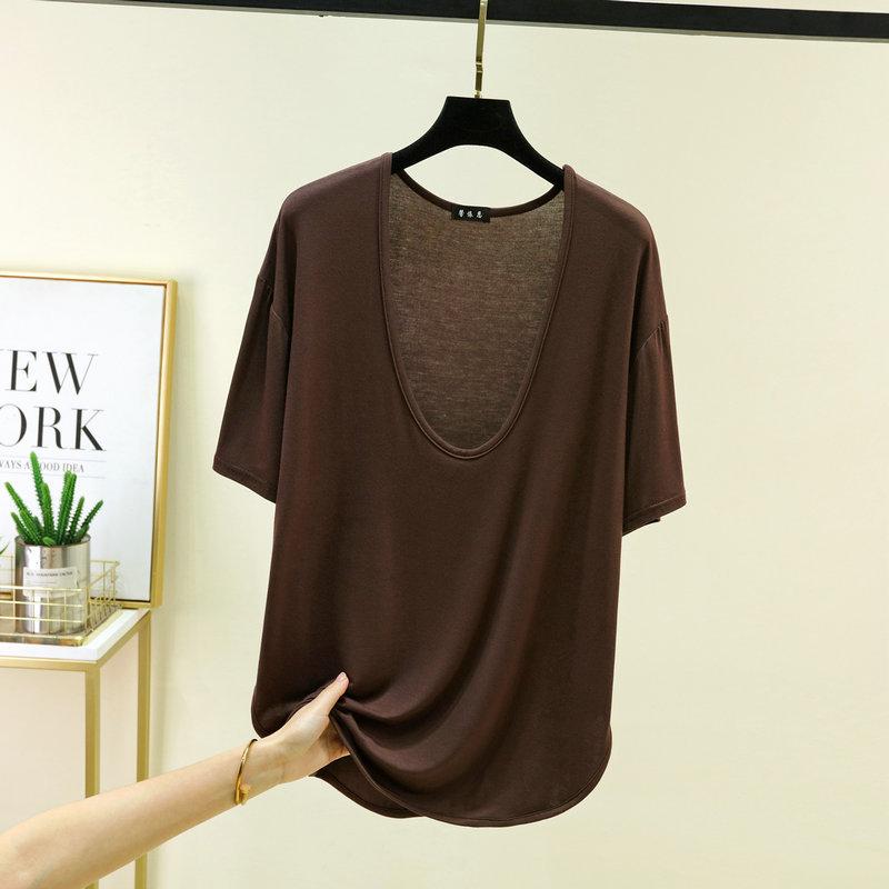 Modal Deep U-Neck Tshirt Summer Loose Short-sleeved T-shirts Simple Thin Tees Casual Tee Tops