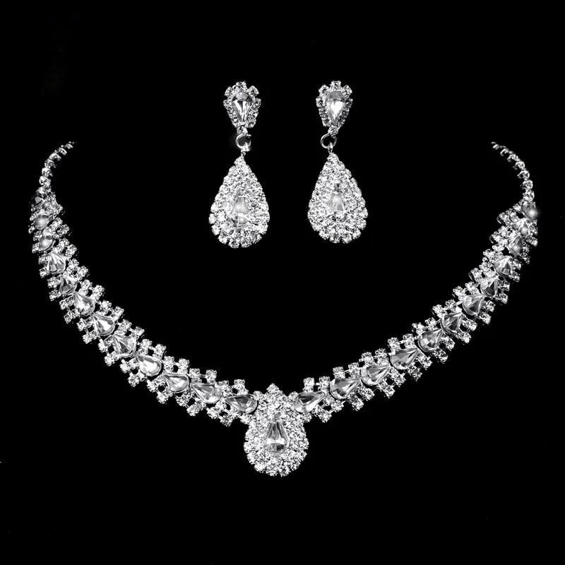 TREAZY Sparkling Rhinestone Crystal Teardrop Design Wedding Bridal Jewelry Set Silver Plated Women Choker Necklace Earrings Set