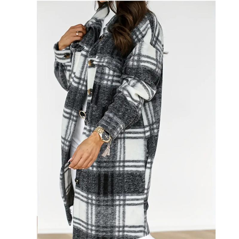 

Плюс размер повседневное пальто женская плюс клетчатый принт с длинным рукавом и воротником с лацканами на пуговицах куртка-куртка XL чёрный