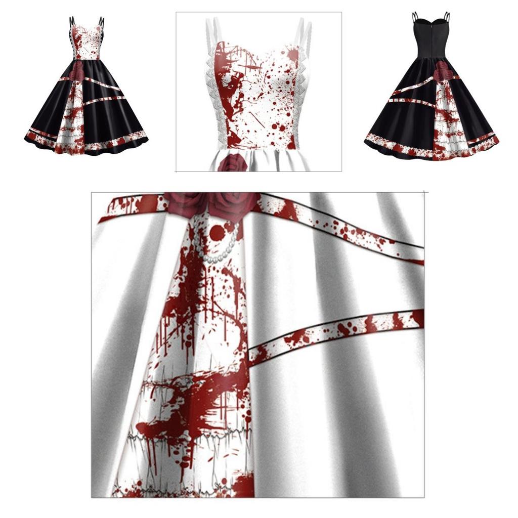 Jialin Halloween Dress For Women Scary Printed Sleeveless Costume Dress Summer)