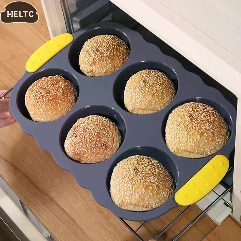 6-cavity Silicone Hamburger Bun Pan, Nonstick Loaf Pan & Heat Resistant Burger Bun Pans For Baking, Bread Pans For Baking