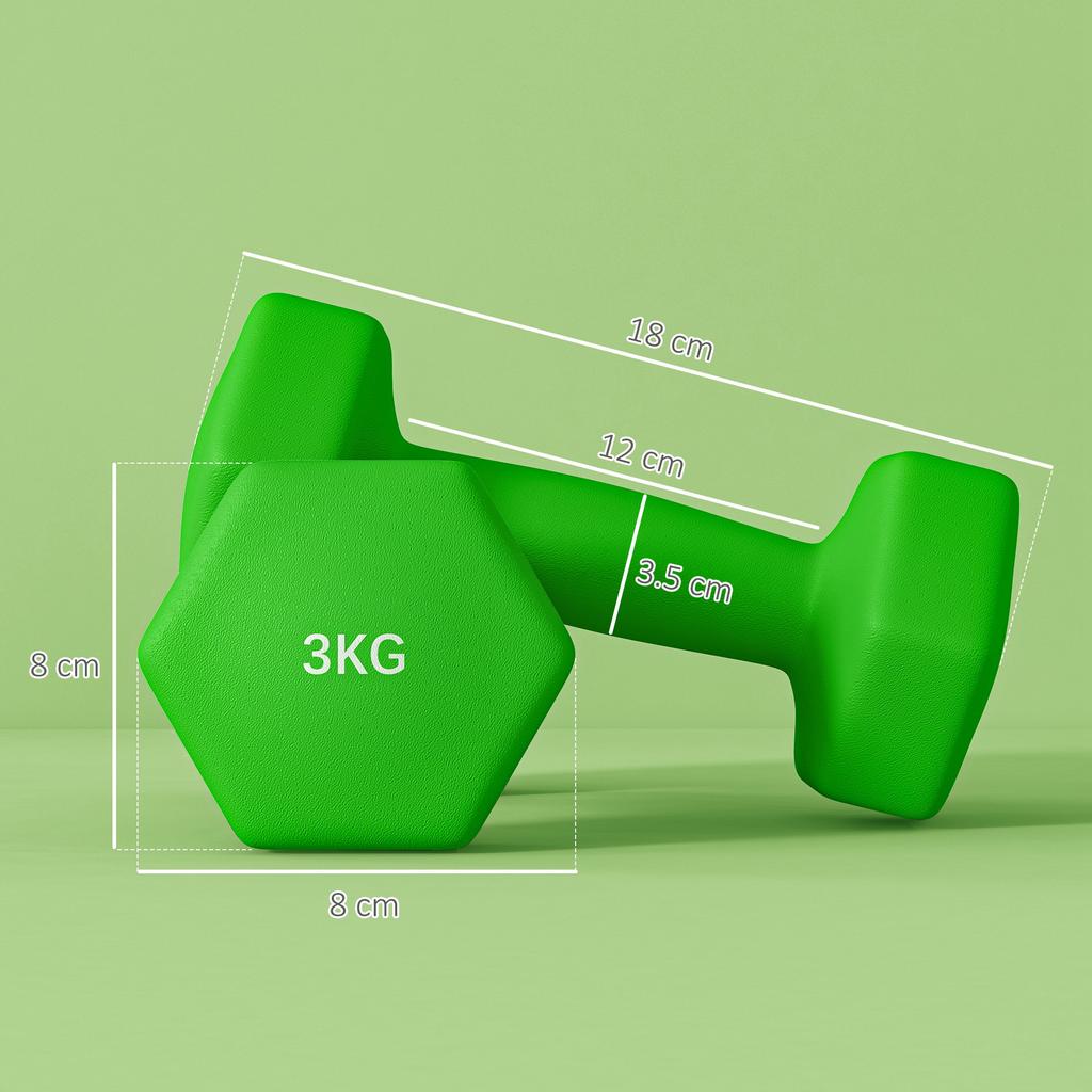 Set of 2 Dumbbells 3 Kg Hexagonal and Non-Slip for Home and Gym, In Metal and Plastic, 18x8x8 Cm, Green