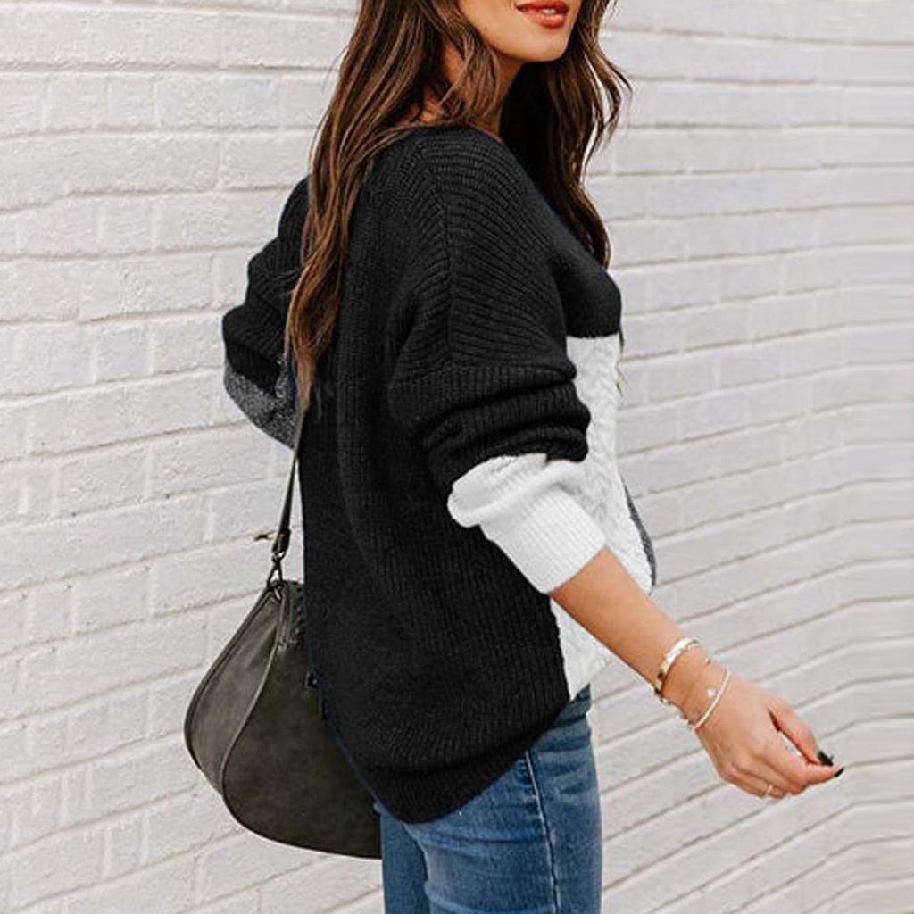 Women's  And Winter Knitting Fashion Color Block Patchwork Pullover Long Sleeve Sweater