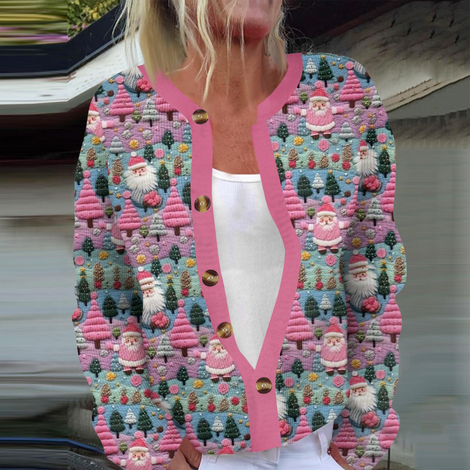 

Женская мода с длинным рукавом, рождественский принт «Снеговик-снежинка», куртка, кардиган M розовый