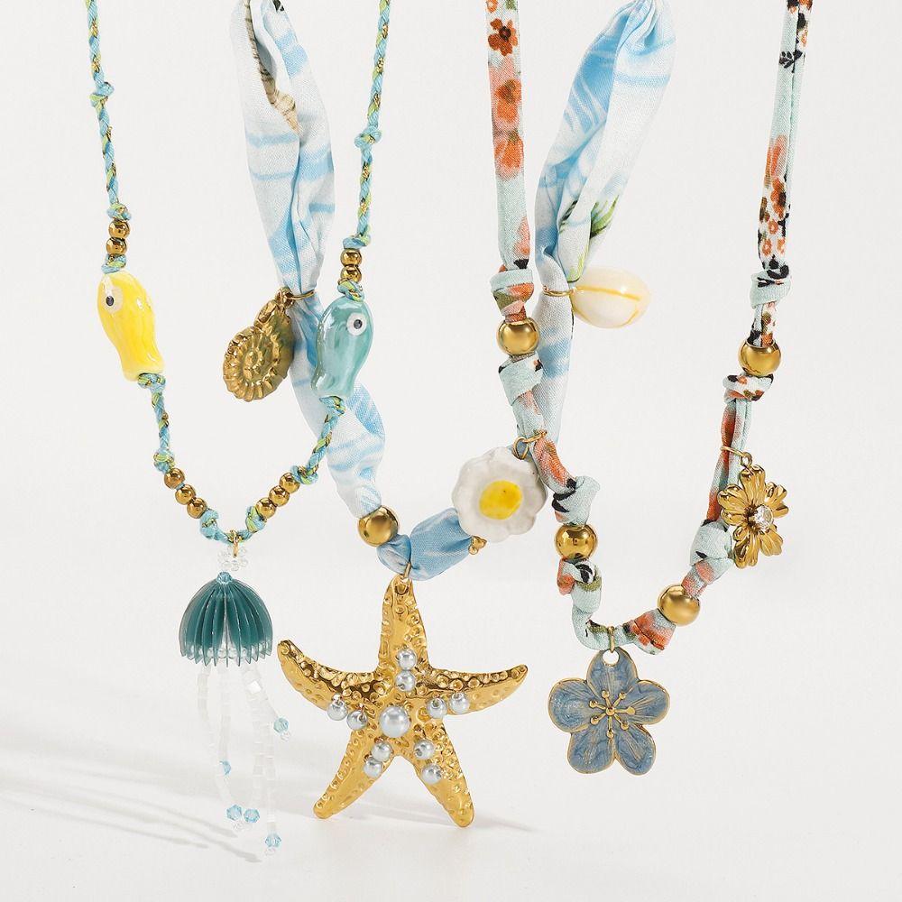 Bohemian Starfish Floral Pendant Necklace Vintage Charm Pendant  Beach Jewelry