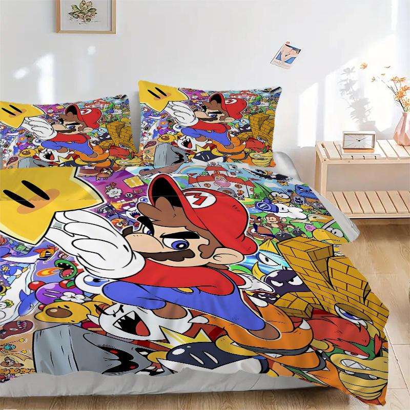 3pcs Colorful Journey Super Mario Adventure Quilt Set Cartoon Themed Bed Quilt Set Lovely Character Bedroom Decor Bed Quilt Set Four Seasons (1 C