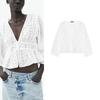 Summer New Women Clothes French Style Niche White Cotton Hollow Embroidery V-neck Long Sleeve Shirts 3722819