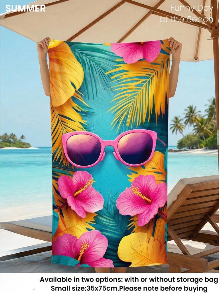 Vibrant Tropical Sunglasses and Hibiscus Print Quick Dry Lightweight Breathable Comfortable Beach Towel Summer Pool Outdoor Use