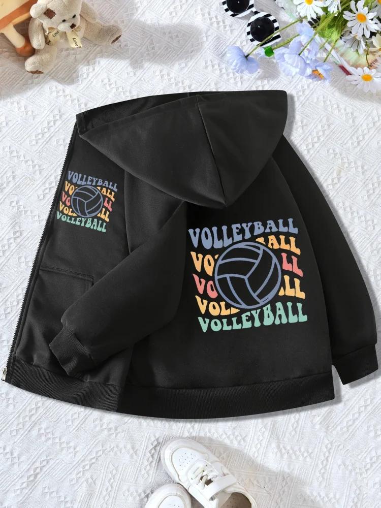 Kids Zip Up Hooded Jacket Colorful Volleyball Letter Graphic Long Sleeve Casual Sports Hoodie For Boys Girls Daily Training Outf