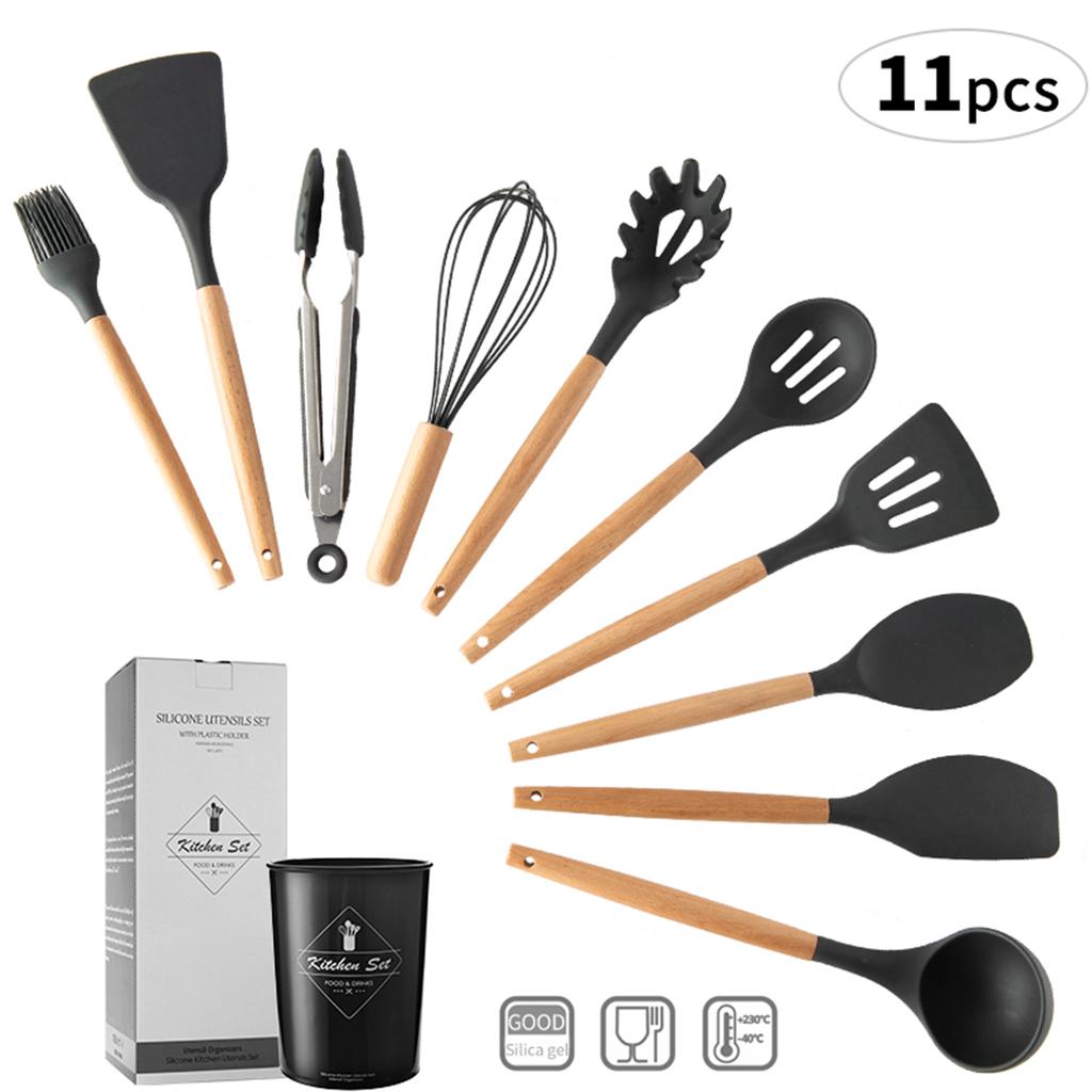 11PCS Cooking Utensils with Storage Holder Kitchen Utensil Set Silicone Kitchenware Set Wooden Handle Cookware Set Chef Nonstick Cookware Kitchen