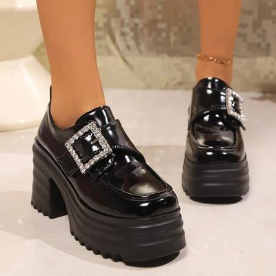 Square Buckle Chunky Heels Pumps for Women  Spring Patent Leather Platform Loafers Woman Black Thick Heeled Jk Lolita Shoes