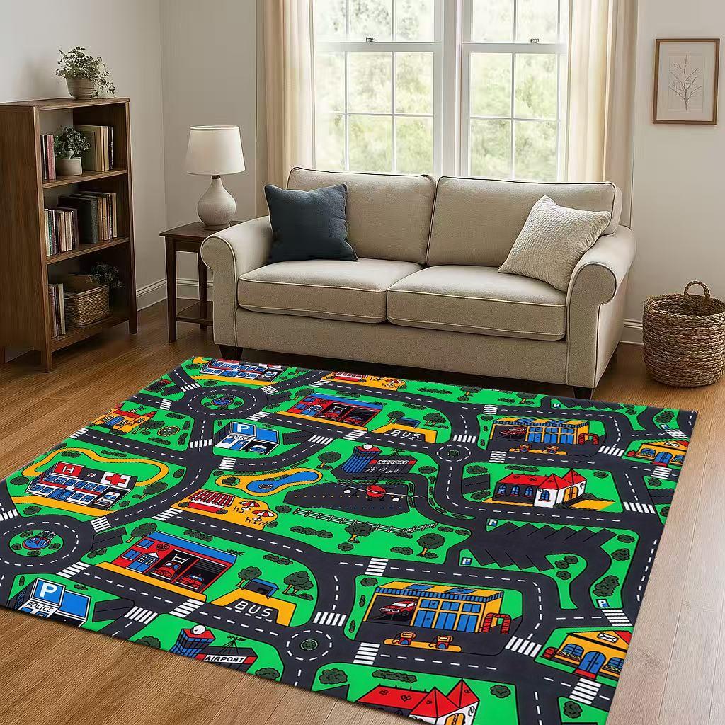 City Street Road Traffic Race Track Child Interaction Game Cartoon Living Room Kid Playroom Non-Slip Area Rug Carpet for Bedroom